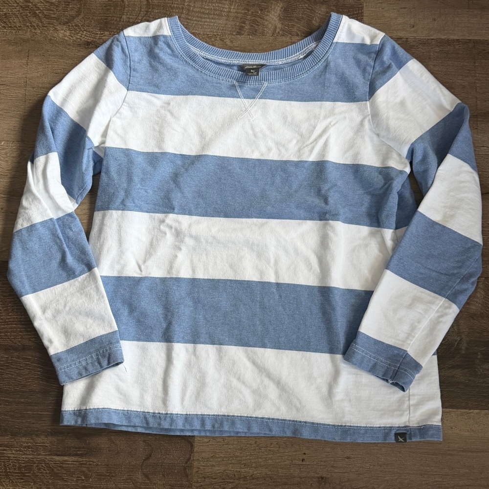 Eddie Bauer 100% Cotton Women Long Sleeve Blue and White Tee Size Medium